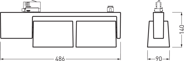 Teknisk linjeteckning av PROLJUS AB:s ytmontagearmatur med två rektangulära ljusenheter, monteringsdetaljer och mått 486 mm bred, 90 mm djup, 140 mm hög, robust och energieffektiv lösning för butik, kontor och industri från PROLJUS AB
