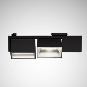 Svart skensystem från PROLJUS AB med två rektangulära riktbara LED-armaturer, modern minimalistisk design, energieffektiv och bländfri belysning idealisk för butik, kontor och utställningar