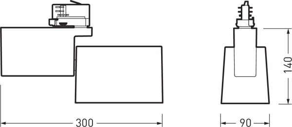 Ritning av spårmonterad LED-armatur från PROLJUS AB i två vyer, sidovy visar 300 mm längd och frontvy 90 mm bredd samt 140 mm höjd, kompakt justerbar och energieffektiv armatur perfekt för butik, kontor och utställningar