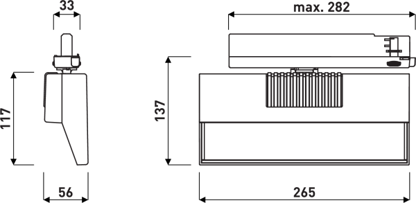 Produktritning av PROLJUS LED-skenarmatur med justerbart fäste och effektiv kylfläns, rektangulär ljuskropp med bred ljusöppning. Mått: bredd 265 mm, höjd 137 mm, max djup 282 mm; sidprofil höjd 117 mm, fäste 33 mm och fotbredd 56 mm. Modern energieffektiv och robust design perfekt för butik, kontor och utställningar — kvalitet från PROLJUS AB