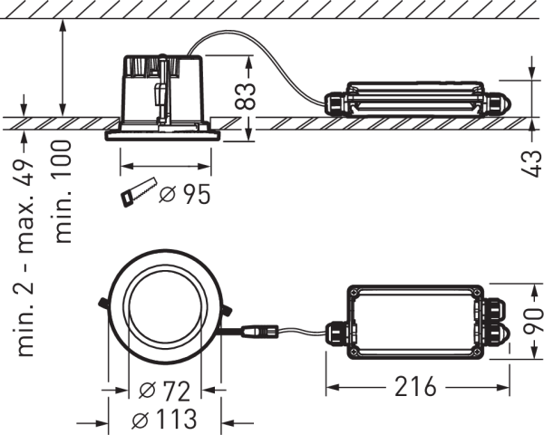 Teknisk ritning av rund infälld LED-downlight med separat drivdon, visar kabelanslutning, fjädrande infästningar och mått för inbyggnad: utskärningsdiameter Ø95 mm, ytterdiameter Ø113 mm, ljusöppning Ø72 mm, infällningsdjup 83 mm, drivdon 216×90×43 mm samt rekommenderat installationsdjup min 100 mm, energieffektiv och robust design för butik, kontor och bostad, enkel montering och pålitlig ljuskvalitet från PROLJUS AB