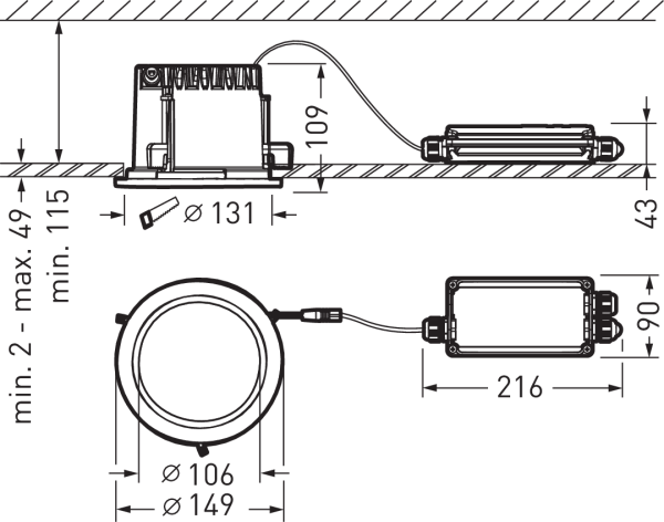 Teknisk ritning av en infälld rund LED-downlight från PROLJUS AB med yttre diameter 149 mm och urtagsdiameter 131 mm, låg inbyggnadshöjd och separat extern drivdon anslutet med kabel, klar och monteringsvänlig design, energieffektiv och robust lösning perfekt för professionella belysningsprojekt från PROLJUS AB
