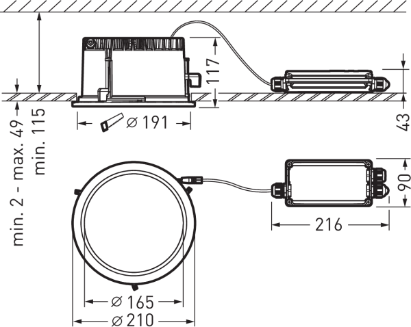 Ritning av högkvalitativ infälld LED-downlight med rund ram Ø210 mm, synligt ljus Ø165 mm och montagesåg Ø191 mm, separat drivdon kopplat med kabel och 216 mm inbyggnadslåda, lågbyggd och flexibel för olika takkonstruktioner, energieffektiv, stilren och lättinstallerad armatur från PROLJUS AB