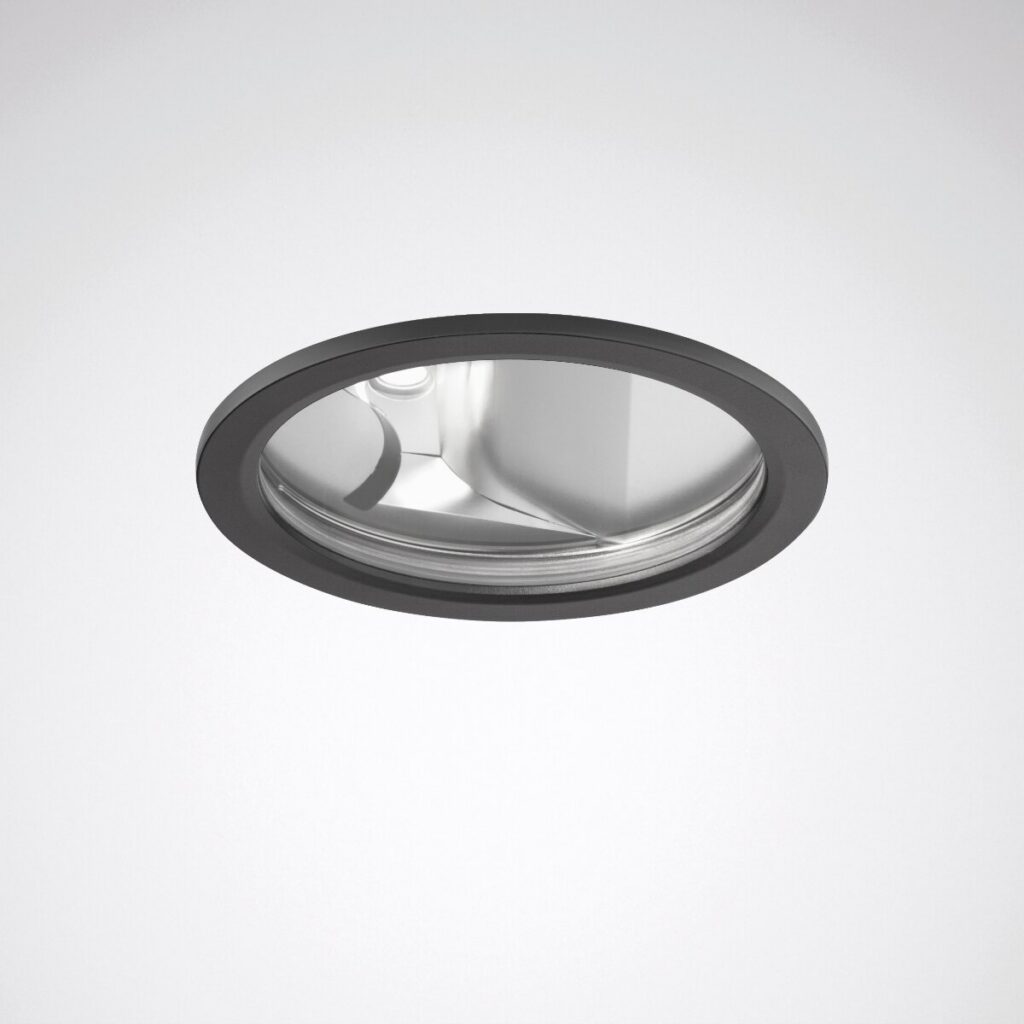 Infälld rund LED-downlight med svart kant och reflekterande aluminiuminsida, energieffektiv och låg bländning, elegant modern design som lyfter privata och kommersiella miljöer från PROLJUS AB