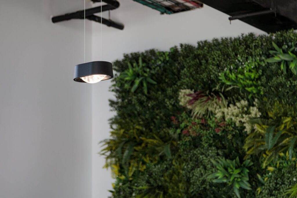 Svart modern takpendel från PROLJUS AB med slimmad cylindrisk skärm och varmt nedåtriktat energibesparande LED‑ljus, upphängd i tunna vajrar framför en grön vägg och designad för att höja estetiken i stilrena kontor och offentliga miljöer