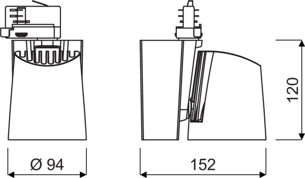 Linjeillustration av PROLJUS ABs justerbara LED-armatur i fram- och sidovy med synliga kylflänsar och snabbkoppling, mått Ø94 mm × 152 mm djup × 120 mm höjd, energieffektiv och robust design för butik och projektbelysning