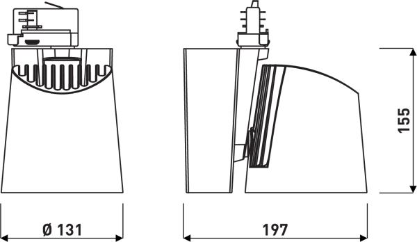 Teknisk linjeteckning av en spårmonterad, energieffektiv LED-armatur från PROLJUS AB med tydlig kylfläns, justerbar lins och måtten Ø131 mm i diameter, 197 mm djup och 155 mm höjd som visar robust design och hög ljuskvalitet idealisk för professionella belysningsprojekt