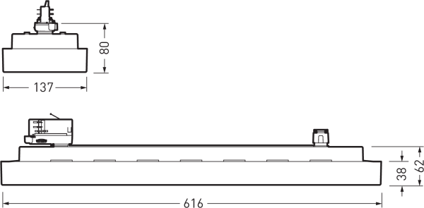 Två vyer av en slimmad LED-armatur från PROLJUS AB, sidoprofil 616 mm lång och front 137×80 mm, integrerad drivare på ovansidan, låg installationshöjd 38–62 mm, energieffektiv och robust för professionell användning