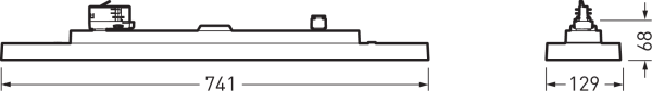 Sid- och ändprofil av en slimmad LED-armatur från PROLJUS AB med tydliga mått 741 mm längd, 129 mm bredd och 68 mm höjd, lågbyggd modern design med integrerat drivdon och enkla infästningspunkter för energieffektiv belysning i kontor, butik och industri