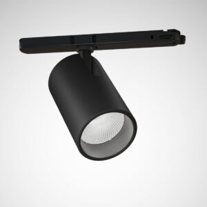 Svart cylindrisk skenspot från PROLJUS AB, justerbar LED-spot med högkvalitativ reflektor och modern minimal design som framhäver produkter i butik, galleri och kontor