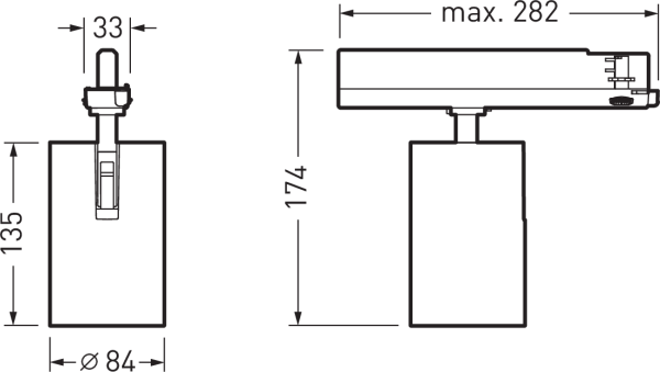 Teknisk ritning av en elegant spårspot i två vyer: cylinderformad armatur Ø84 mm, höjd 135–174 mm beroende på montering, max 282 mm spårhuvud och 33 mm anslutning, kompakt och riktbar energieffektiv LED-lösning för butik, galleri och kontor från PROLJUS AB