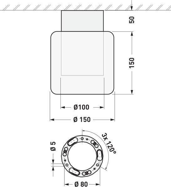 Teknisk ritning: takmonterad armatur, höjd 150 mm, Ø100/Ø150, fästhål Ø5 på Ø80, hålbild 3x120°, avstånd till tak 50 mm.