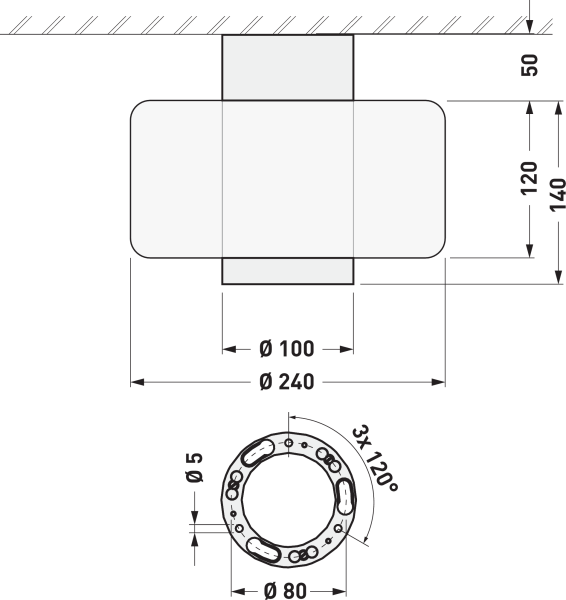 Teknisk måttskiss för takmonterat fäste: Ø240/Ø100, bottenring Ø80, hål Ø5, bultcirkel 3×120°.