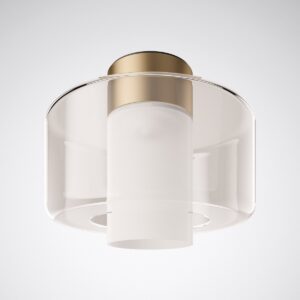 Modern plafond i glas med frostad cylinder och mässingsdetalj – stilren taklampa för hall, kök och vardagsrum
