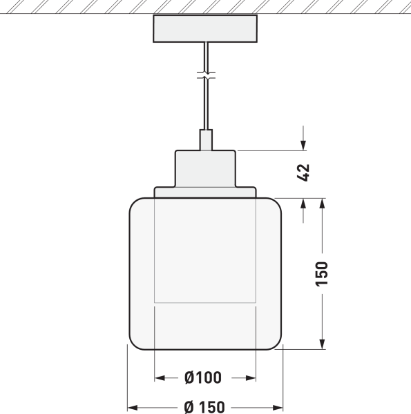 Ritning av en hängande taklampa med mått: höjd 150 mm, bredd 150 mm, fäste 42 mm, diameter 100 mm.