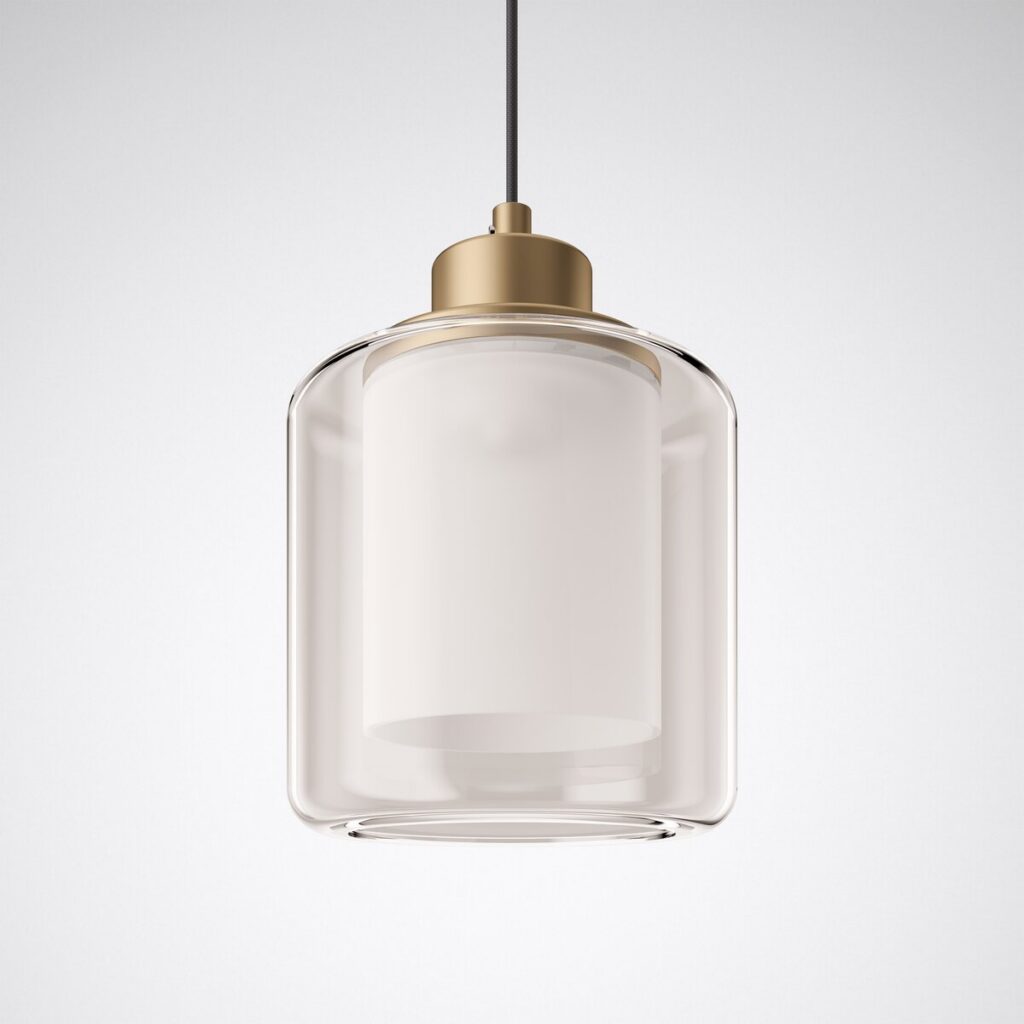 Modern glaspendellampa med guldaccent mot vit bakgrund. Stilren belysning för elegant och minimalistisk inredning.