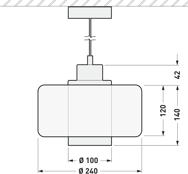 Diagram över en takmonterad lampa med mått: diameter 240 mm, höjd 140 mm. Designad för modern inredning.