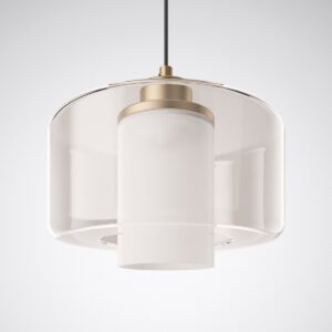Modern taklampa med elegant design i mässing och glas. Stilren belysning för hemmet och kontoret.