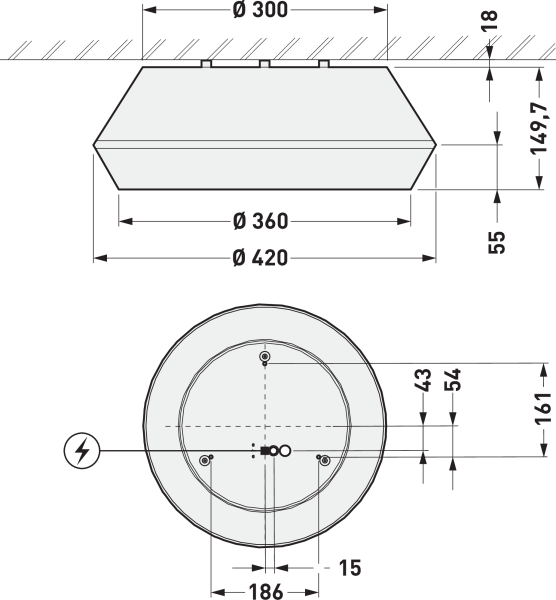 PROLJUS AB rund takarmatur, måttritning Ø420/Ø360 – energieffektiv plafond för proffs; snabb leverans