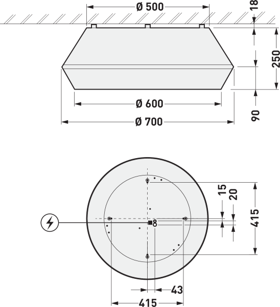 PROLJUS AB LED-takarmatur – måttskiss Ø700/600/500, höjd 250 mm. Energismart belysning för butik, kontor och industri.