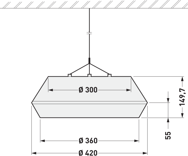 Ritning av en takhängd lampa med exakta mått, inklusive diametrar och höjd. Perfekt för inredningsplanering och belysningsdesign.