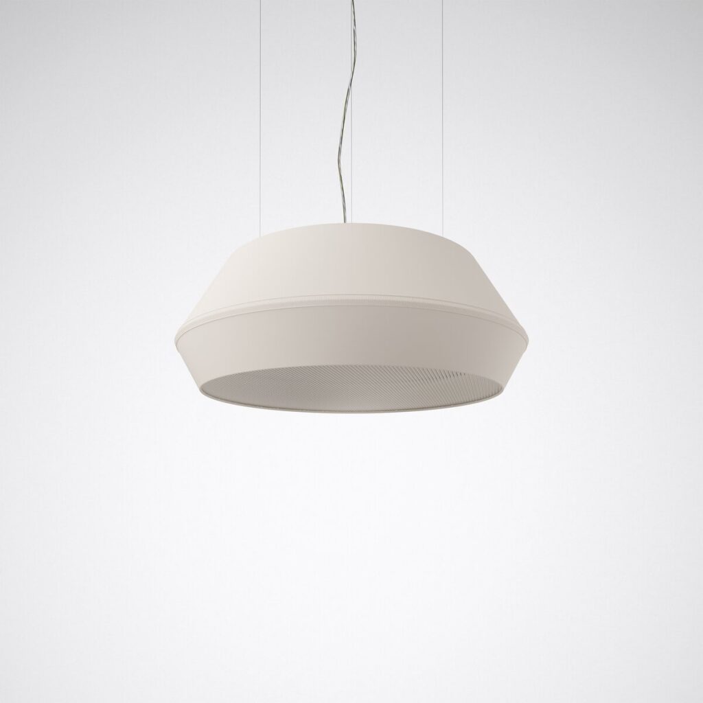 Modern vit taklampa med minimalistisk design, elegant och stilren för inredning i hem och kontor, hängande från taket.
