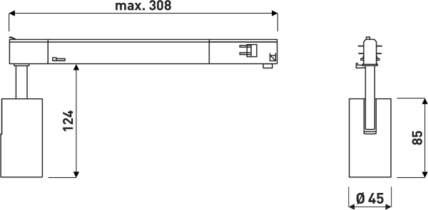 Teknisk ritning som visar PROLJUS AB:s slimmade skenmonterade spotlight, justerbar arm med maximal längd 308 mm och nedhäng 124 mm, kompakt lampa Ø45 mm och 85 mm hög armatur, modern och högkvalitativ design för butik, galleri och kontor, enkel installation på skena och energieffektiv LED-lösning