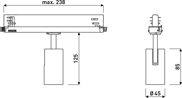 Teknisk illustration av PROLJUS ABs moderna spårmonterade spotlight: smal, cylindrisk armatur med justerbar arm, sidovy och framsvy med mått max 238 mm i bredd, armens höjd 125 mm, armaturhöjd 85 mm och Ø45 mm, stilren och robust design för riktad butik- och galleri-belysning, perfekt för professionella installationer