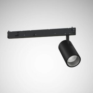 Svart cylinderformad LED-spott monterad på skena från PROLJUS AB, slimmad matt design med riktbar arm och fokuserat ljus för butik, galleri och professionell belysning som kombinerar energieffektivitet och hög ljuskvalitet