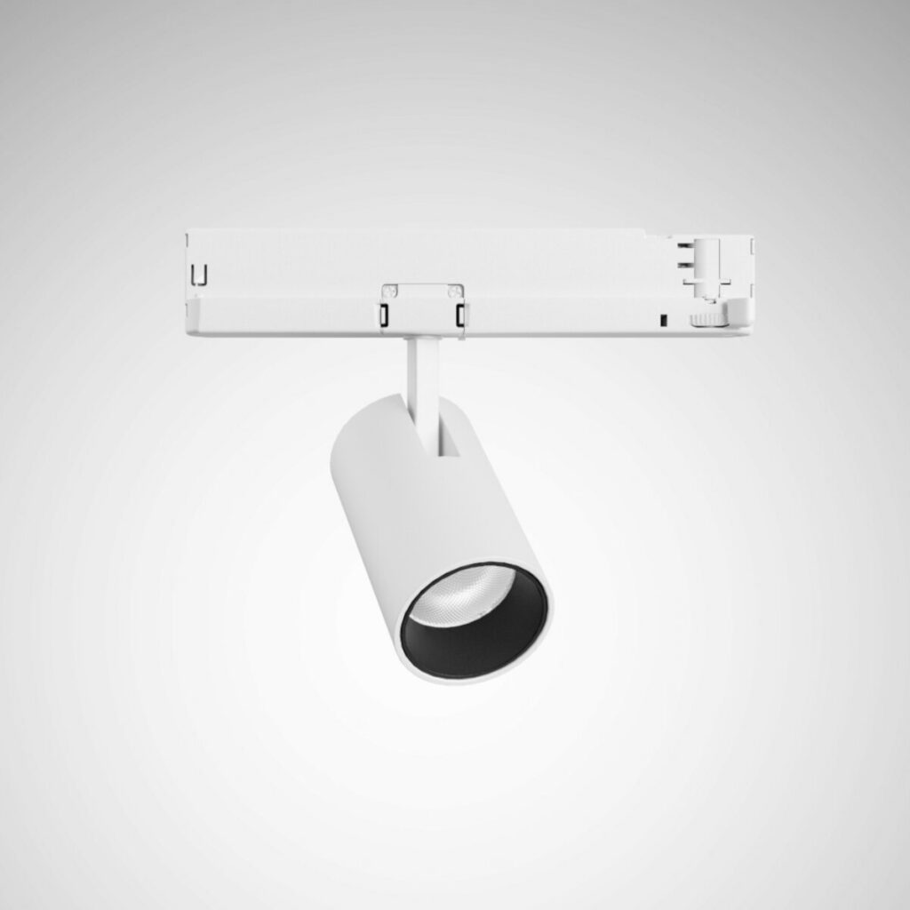 Vit cylindrisk riktbar skenspotlight med integrerad LED och matt svart innerring, modern och energieffektiv ljuslösning för butik, galleri och kontor från PROLJUS AB