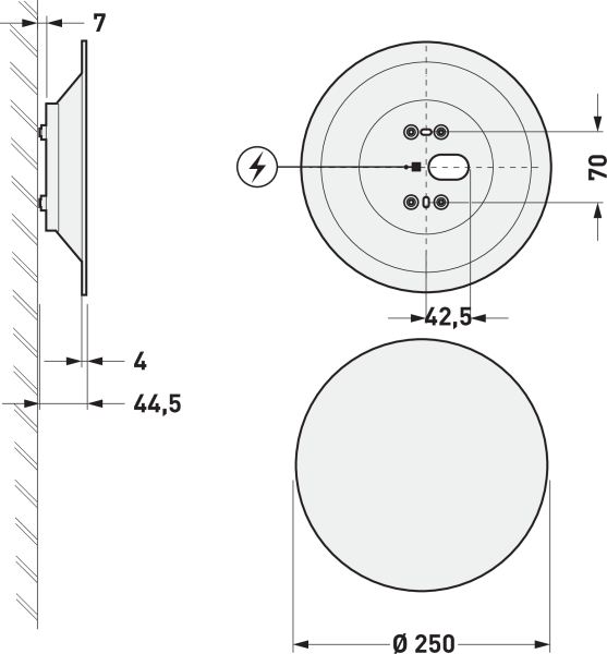 PROLJUS AB LED-plafond Ø250: måttskiss. Slim 44,5 mm för snygg, enkel takbelysning i hem och kontor.