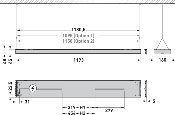 Teknisk ritning av en slank rektangulär pendel- och infälld armatur från PROLJUS AB, längd 1193 mm, bredd 160 mm och låg profil 45–48 mm, visar profil- och ändvy, monteringsmått, kabelanslutning samt två upphängningsalternativ med justerbara stag, modern energieffektiv design för kontor, butik och offentliga miljöer och tydlig betoning på kvalitet och installationsvänlighet
