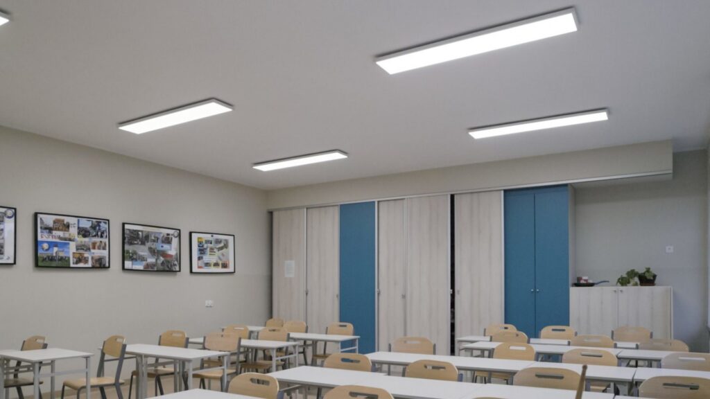 Rektangulära LED-takarmaturer i ett klassrum, jämn bländfri belysning och låg energiförbrukning, modern diskret design perfekt för skolor, från PROLJUS AB