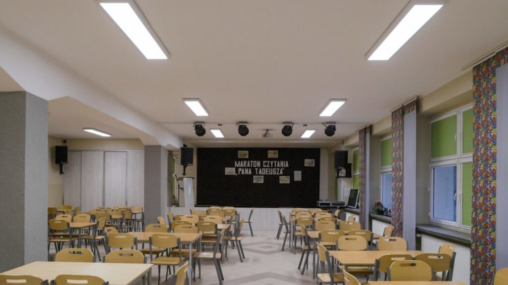 Skolsal med flera rektangulära infällda LED-armaturer i taket som ger jämnt, bländfritt och energieffektivt ljus, levererat av PROLJUS AB