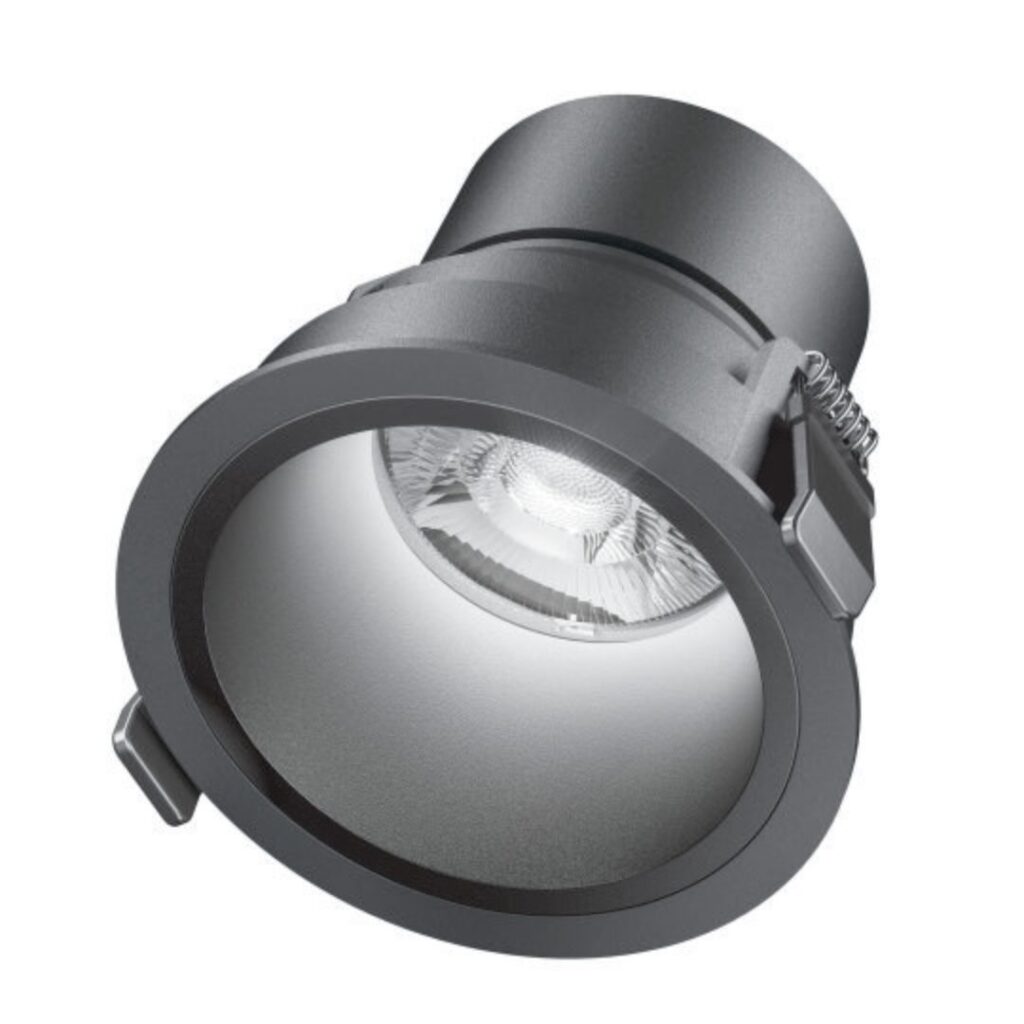 Mörkgrå infälld LED-downlight med djup reflektor och fjäderklämmor, energieffektiv och stilren belysning från PROLJUS AB