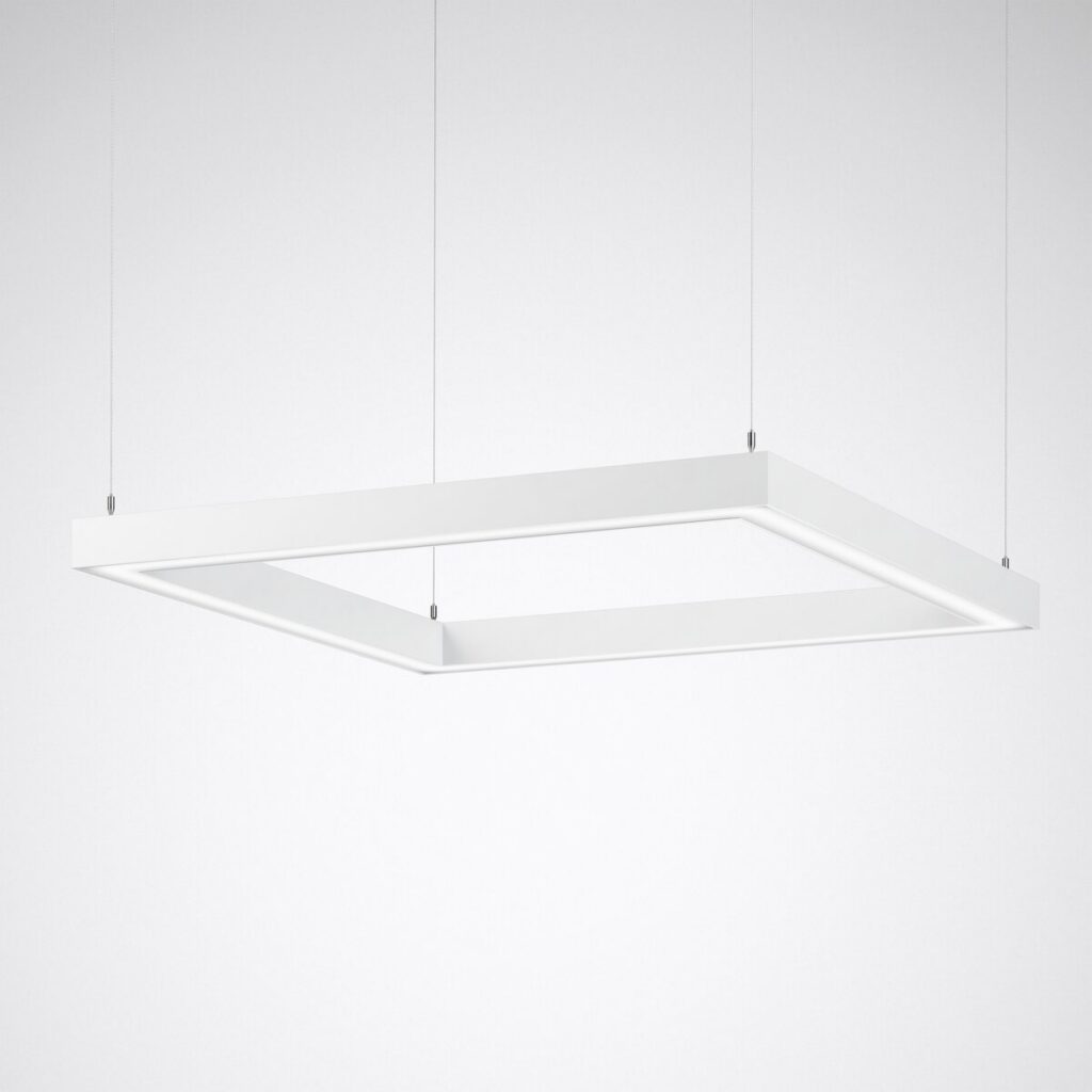 Modern hängande LED-taklampa i vit ram, minimalistisk design för stilrena interiörer. Passar perfekt för kontor och hem.