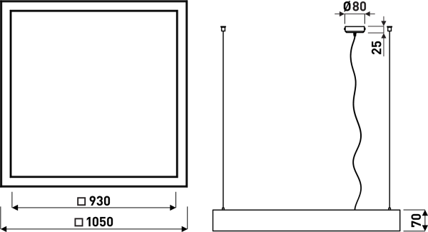 Ritning av fyrkantig ljusarmatur med mått: 1050x930 mm, 80 mm diameter på takfäste och 25 mm djup.