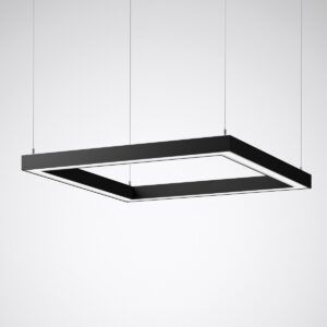 Modern svart hängande taklampa med minimalistisk design, idealisk för kontor och vardagsrum.