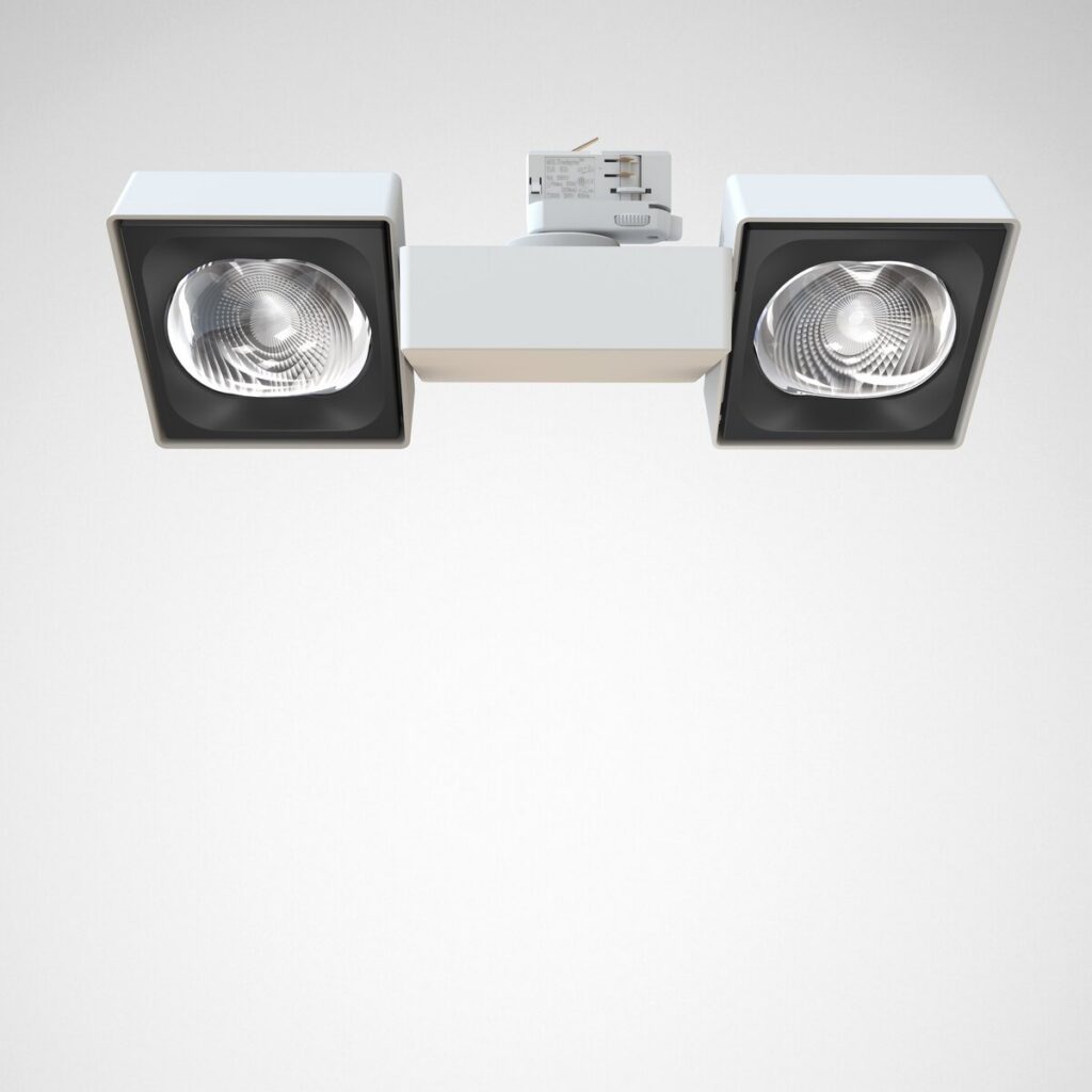 Vit modern takarmatur från PROLJUS AB med två kvadratiska spotlights, svarta innerramar och präglade reflektorlinsar för kraftfull, riktad och energieffektiv LED-belysning idealisk för butik och kontor