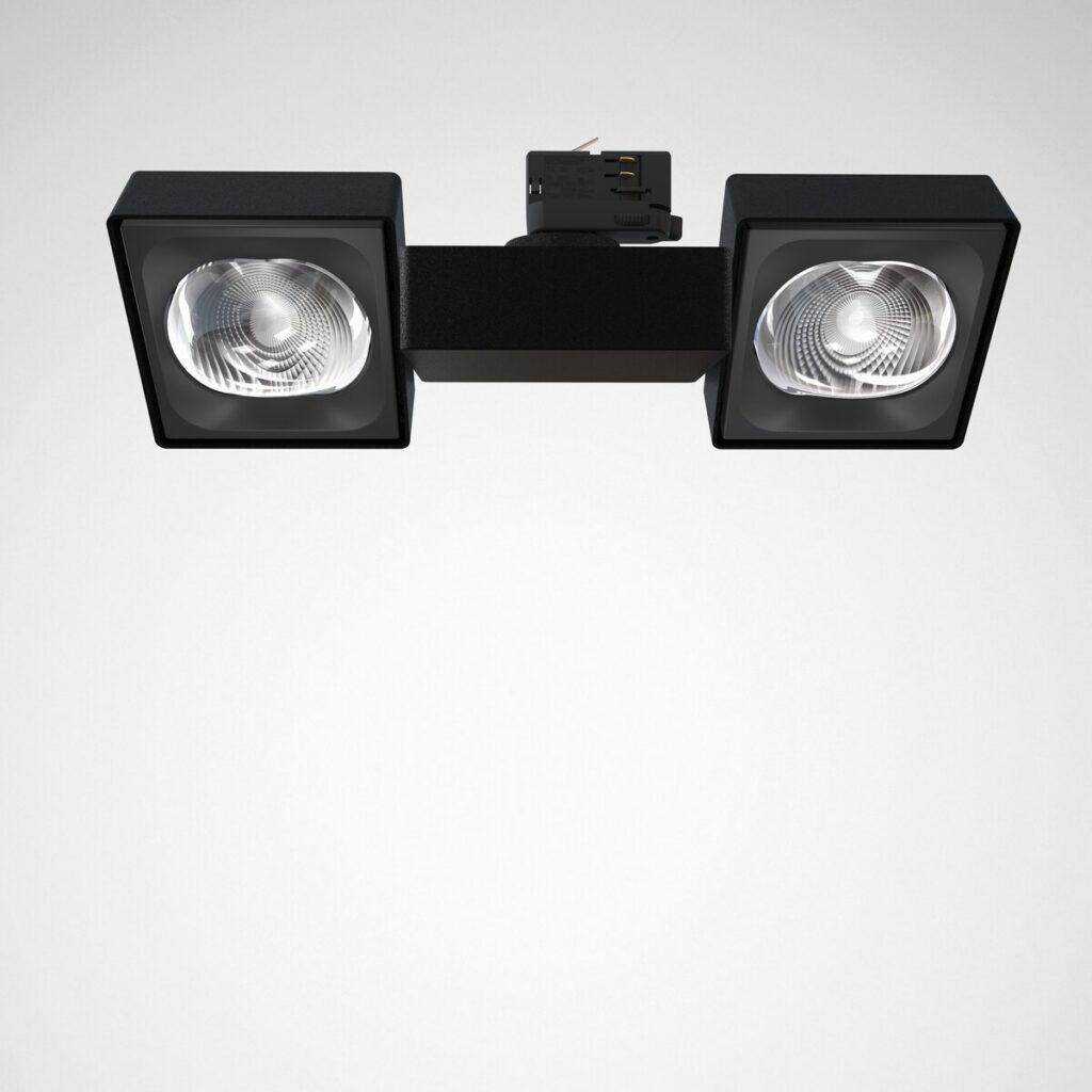 PROLJUS AB:s svarta dubbelspotlight med rektangulära armaturer och prismaticerade linser för riktad, energieffektiv LED-belysning idealisk för butik, galleri och utställningsmiljöer