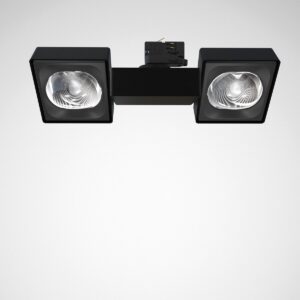 PROLJUS AB:s svarta dubbelspotlight med rektangulära armaturer och prismaticerade linser för riktad, energieffektiv LED-belysning idealisk för butik, galleri och utställningsmiljöer
