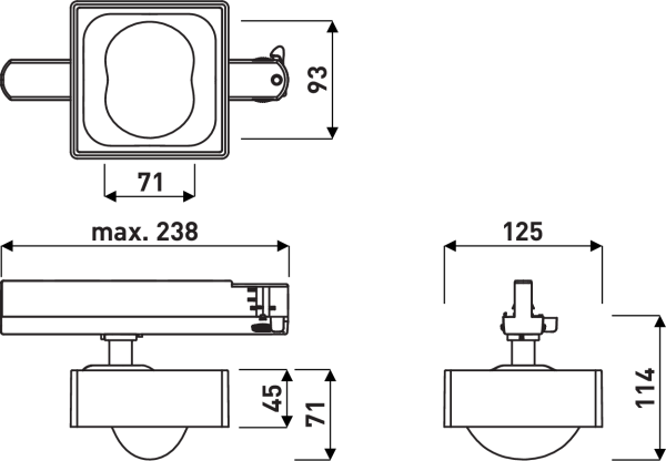 Teknisk ritning av en kompakt, justerbar kvadratisk spårarmatur från PROLJUS AB med rund lins, max längd 238 mm, armaturbredd 71 mm, monteringsbredd 125 mm och totalhöjd 114 mm, designad för flexibel installation i butik, galleri och kontor