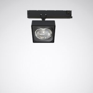 Svart kvadratisk skenspotlight från PROLJUS AB med högkvalitativ lins, riktat kraftfullt LED-ljus, justerbar vinkel och modern design idealisk för butik, galleri och professionell belysning