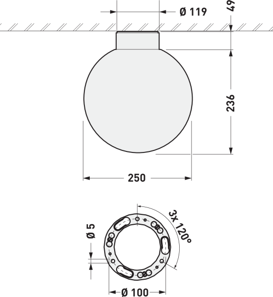 Måttskiss för klotformad taklampa: Ø250 mm glob, höjd 236 mm, takfäste Ø119/100 mm med 3x120° hål Ø5 mm.