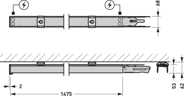 PROLJUS AB skensystem: installationsritning 1475 mm – energieffektiv LED-belysning för butik, kontor och industri