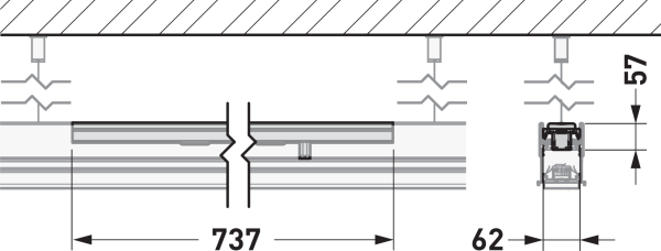 PROLJUS AB belysningsskena – installationsmått 737/62/57 mm för snabb och säker takmontering.