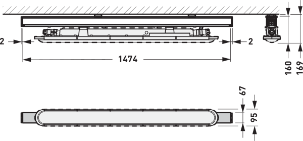 PROLJUS AB måttskiss: LED armatur 1474x95 mm – energieffektiv, robust belysning för industri, lager och parkering.