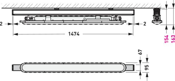 PROLJUS AB LED-armatur 1474 mm – slimmad industribelysning med måttskiss för enkel montering och offertförfrågan
