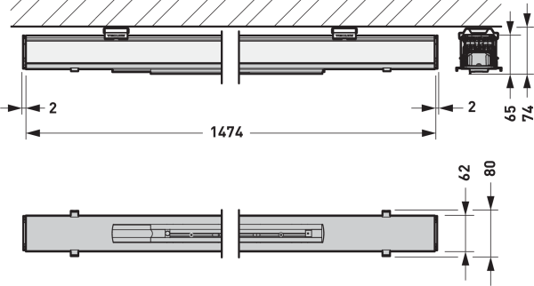 PROLJUS AB måttskiss linjär LED-armatur 1474 mm – slimmat takmontage, energieffektiv belysning för butik och kontor