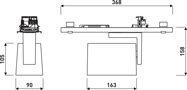 PROLJUS AB LED-spotlight – måttskiss 368x158 mm. Kompakt, kraftfull takarmatur för butik och industri.